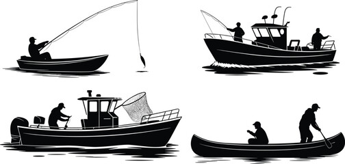 Fishing boats silhouettes with people, rod fishing, canoe paddling, net fishing, teamwork vessel, maritime lifestyle, outdoor adventure, nautical watercraft illustration © MSTMISLA