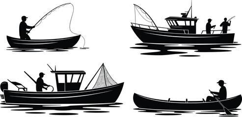 Fishing boats silhouettes with people, rod fishing, canoe paddling, net fishing, vessel teamwork, maritime lifestyle, outdoor adventure, nautical illustration © MSTMISLA