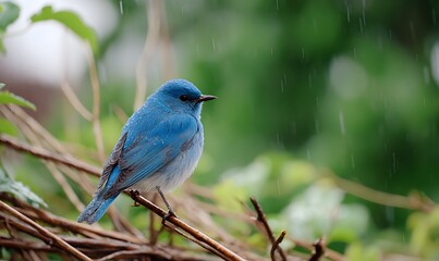 Obraz premium a small blue songbird perched on thin branches under soft rainfall, natural overcast lighting, visible raindrops on feathers and beak, wet textured plumage