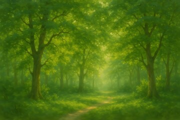 Obraz premium Morning forest landscape with sunlight and green trees