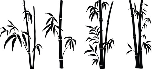 Naklejka premium Silhouette bamboo stalks with leaves, artistic nature illustration, minimalist Asian design collection of four creative botanical figures representing tranquility