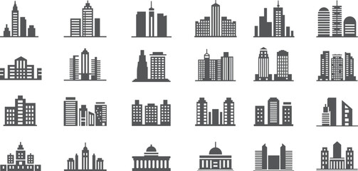 Silhouette building icons collection, skyscrapers, government domes, office towers, apartment blocks illustration, urban architecture vector art, black and white design © MSTMISLA