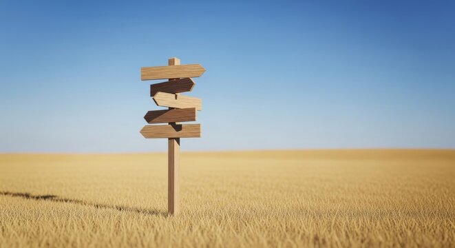 Wooden directional signpost in a vast, dry grassy field