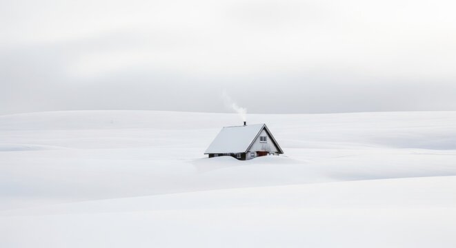 Solitary cabin buried in vast, minimalist white snow landscape