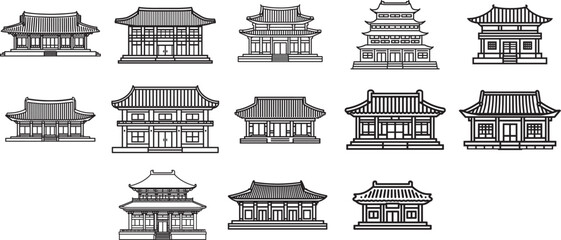 Traditional Korean Hanok Architecture Line Icon Set