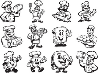 Vintage Cartoon Bakery Chef and Bread Mascot Characters Black and White Set