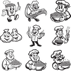 Vintage Cartoon Noodle Chef Mascot Characters Black and White Set