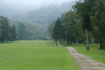 Fototapeta premium Panoramic Green Golf Course Surrounded by Trees and Forested Hills in Light Mist