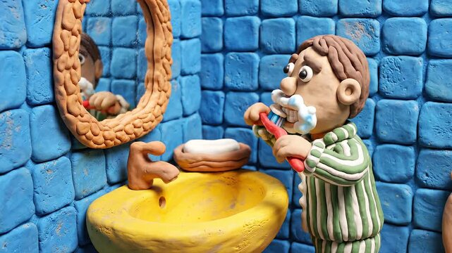 Animated character brushing teeth in a colorful bathroom with a yellow sink and blue tiled walls