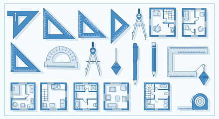 Fototapeta premium Collection of various blue drafting tools and geometric shapes, Generative AI.