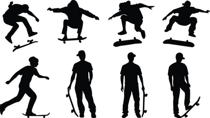 Silhouette skateboarders performing tricks and casual poses, artistic urban sport collection of eight dynamic figures showcasing skateboarding culture movement © MSTMISLA