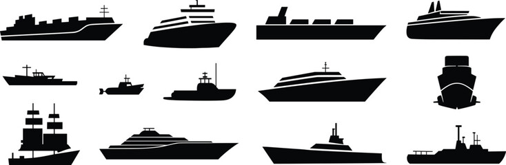 Silhouette ships and boats collection, cargo ship, yacht, tugboat, warship, sailing vessel illustration, maritime transport vector, navy fleet design © MSTMISLA