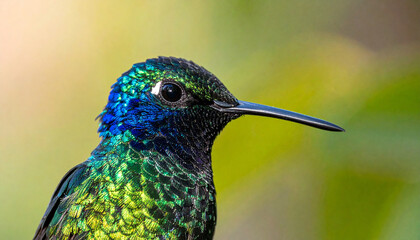 Fototapeta premium Iridescent vibrant green blue hummingbird closeup side profile long beak detailed plumage nature bird wildlife tropical colorful feather animal outdoor sunlight exotic small delicate avian forest