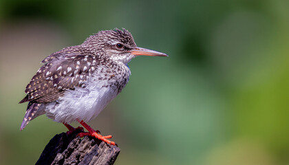 Fototapeta premium Spotted bird wildlife perched long billed moody low key portrait deep green nature feather detail calm expression outdoor close up wild animal natural habitat selective focus blurred background