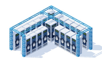 Data center security and network infrastructure with locked server racks in an isometric view, representing secure cloud storage and cybersecurity