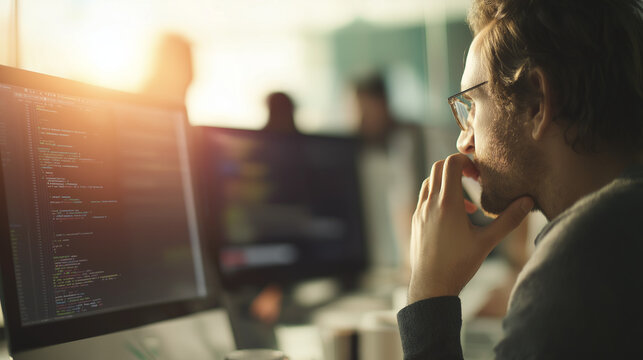 programmer. A focused programmer with lines of code projected in the background, illuminated by cool blue light. product launch decks.