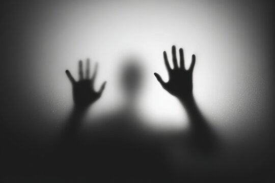 Shadowy figure behind glass in dark psychedelic surreal environment