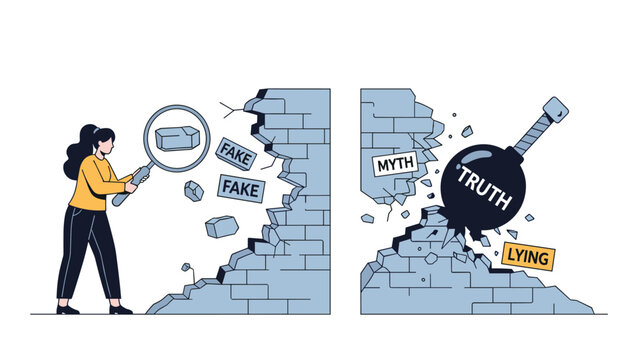 Brave woman using magnifying glass to inspect wall being destroyed by heavy wrecking ball labeled truth to expose fake lies.