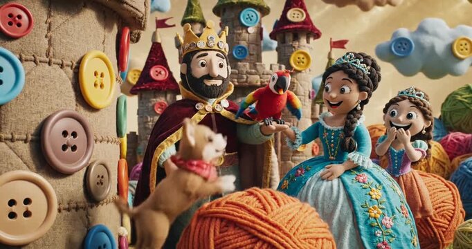 A whimsical scene featuring a king and queen interacting with vibrant yarn balls and playful animals