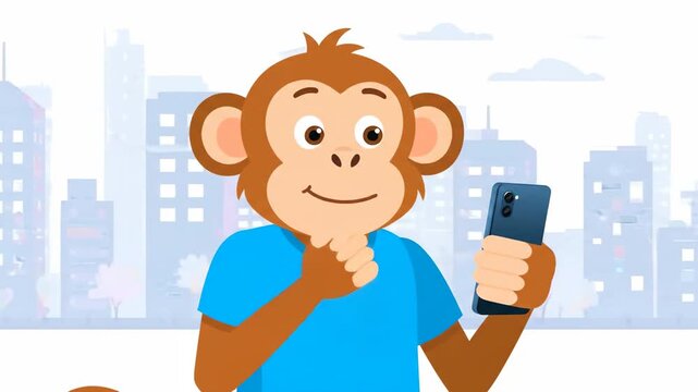 Cartoon Monkey Using Smartphone in Cityscape Technology and App Concept