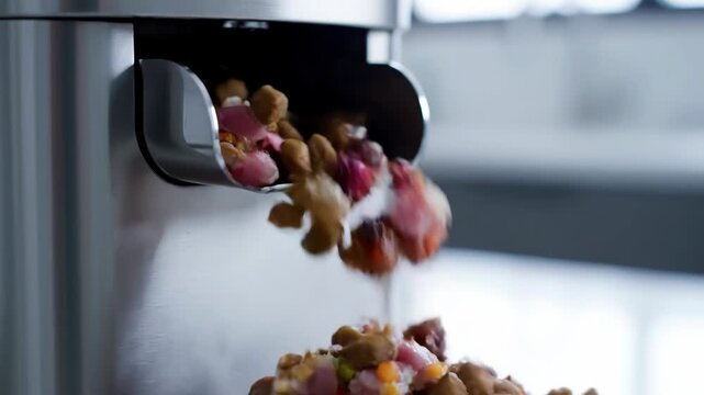 A modern pet food dispenser automatically releases a mix of kibble and wet food. This smart feeder provides a balanced meal for beloved pets.