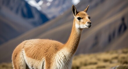 Fototapeta premium Vicu a standing in a mountainous landscape