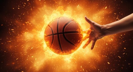 Fototapeta premium A hand reaching for a burning basketball in a fiery explosion