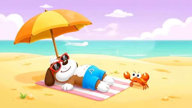 Cartoon Dog Relaxing on Beach Under Umbrella Summer Vacation Fun