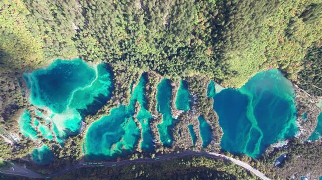 Drone view of Jiuzhaigou National Park in autumn in Sichuan Province China. It features cascading waterfalls, turquoise blue lakes, and stunning mountain valleys. 4K real time footage travel concept
