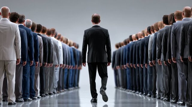A lone businessman stands before a crowd of identical suits, symbolizing individuality in a conforming corporate world