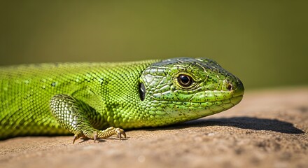 Fototapeta premium Close up of a vibrant green lizard on a rocky surface