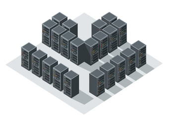Fototapeta premium Data center server racks arranged in a V-shape, representing network infrastructure and cloud computing concepts