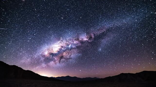 Milky Way Galaxy and Star Trails Over Desert Landscape at Night