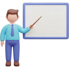 Teaching with Guidance: A visual of a teacher figure presenting an idea on a whiteboard using a wooden pointer. A concept of education and teaching.