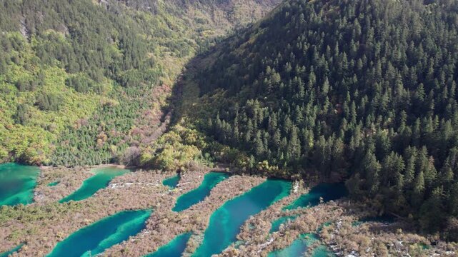 Drone view of Jiuzhaigou National Park in autumn in Sichuan Province China. It features cascading waterfalls, turquoise blue lakes, and stunning mountain valleys. 4K real time footage travel concept