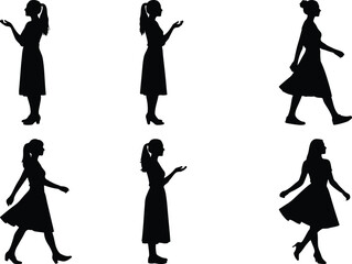 Obraz premium Six black silhouette illustrations of women in formal dresses, captured in different dynamic poses and walking stances.