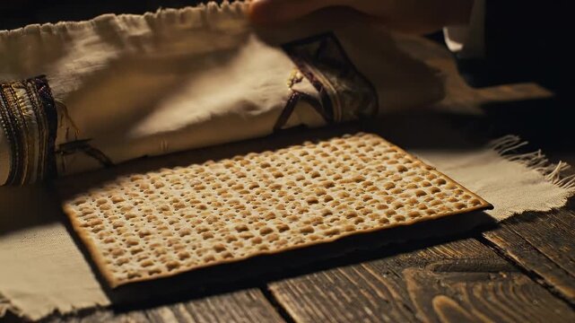 Close-up of a hand revealing matzah under an embroidered cloth on a rustic wooden table for Passover Seder concept and ancient Jewish tradition