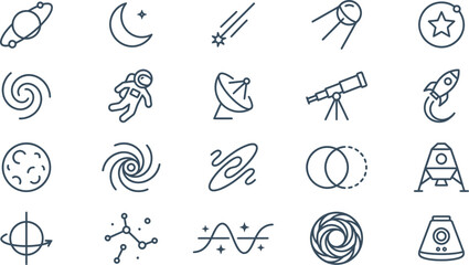 Collection of diverse minimalist line art icons representing space, astronomy, and cosmic elements. © Septarim