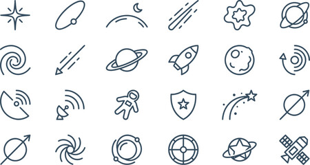 Collection of essential thin line icons representing various elements of space exploration and astronomy. © Septarim