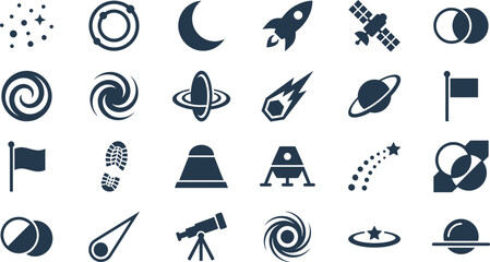 Various dark blue vector icons depicting celestial bodies, space exploration, and astronomical elements. © Septarim