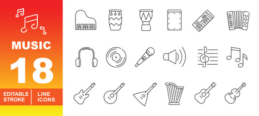 Music and Instrument Line Icons. Editable stroke icons for orchestra & world music. Featuring accordion, bongo drums, grand piano, electric keyboard, harp, balalaika, and microphone symbols. © Neko funny