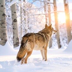 Fototapeta premium A wolf stands in a snowy forest, facing toward the sun. Trees line the background, with white snow and a golden glow