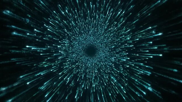 Digital particles accelerating towards a central void creating a futuristic tunnel effect