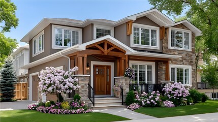 Fototapeta premium Illustration of beautiful twostory house with flowers and green lawn in front isolated on white background