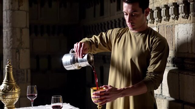 Man in ancient attire pouring red wine into a golden goblet in a dimly lit historical setting for a traditional ritual concept and opulent celebration
