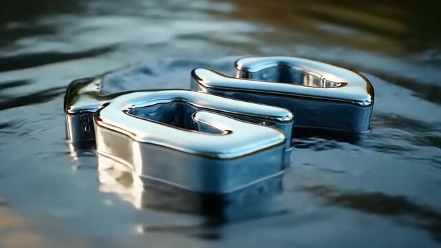 Close up of two metal brackets on a wet surface.