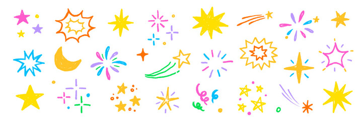 Star sticker crayon texture icon set. Star icon kid sketch hand drawn line marker crayon brush color texture..Cute cartoon funny childish magic twinkle glow pastel decoration. Vector illustration. © Polina Tomtosova
