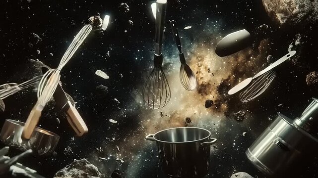 Culinary explosion of kitchen utensils and ingredients in abstract space.