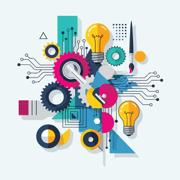 Colorful vector illustration with gear, circuits, and light bulbs