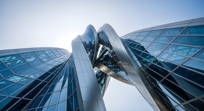 Vista de &aacute;ngulo bajo de la arquitectura futurista, rascacielos del edificio de oficinas con ventana de cristal curva, renderizado 3D.